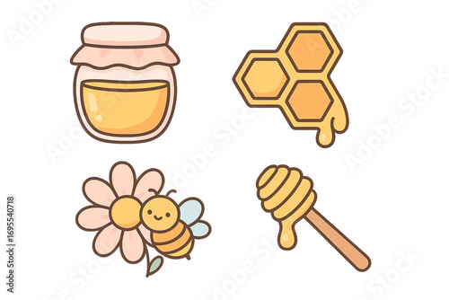 Cute honey icon set with cartoon bee, jar, honeycomb, and flower. Kawaii vector collection of sweet, natural, organic food elements. Dripping honey wand illustration.