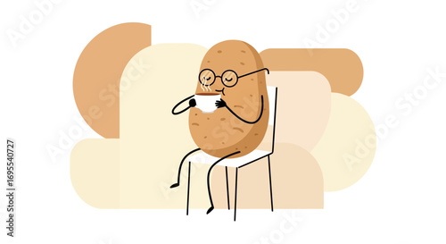 Relaxed Potato Person Enjoying Coffee and Sitting In A Chair, Illustration Design