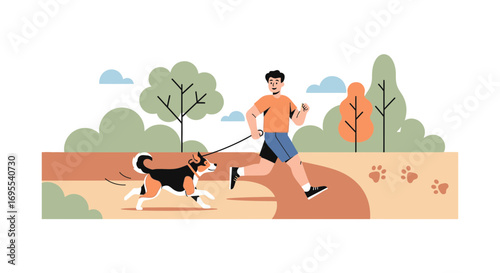 A Person Running With Their Dog in a Park on a Sunny Day Cartoon Illustration
