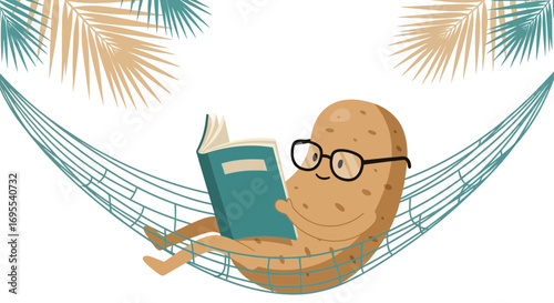 Relaxed Potato Reading Book And Lounging In Hammock Under Palm Fronds