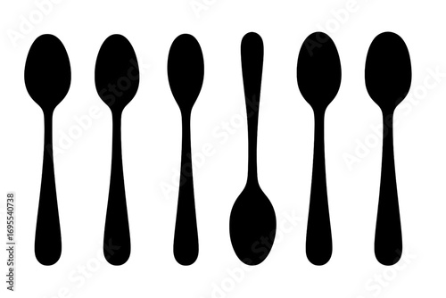 Set of six black spoon silhouettes. Collection of isolated kitchenware icons for food and eating concepts. Vector illustration of cutlery, teaspoons, and tablespoons.