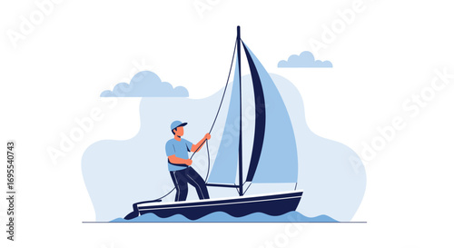 A person sailing a boat on the water in a flat illustration design concept