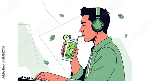 Relaxed Professional Enjoying Refreshing Beverage While Operating Computer Equipment