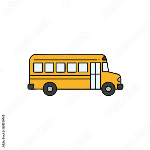 A simple, flat design illustration of a yellow school bus shown in a side profile view, isolated on a clean white background.