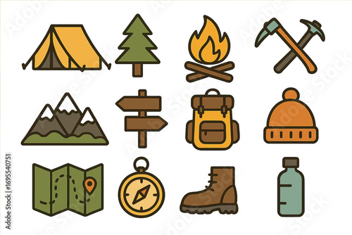 Outdoor adventure icons set with minimalist camping and hiking symbols, vector cartoon illustrations including tent, campfire, backpack, mountain, boots, compass, map, axe, signpost, hat, water bottle