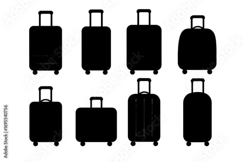 Silhouette collection of various suitcase shapes on wheels with minimalist style, travel luggage icons, rolling bags set, vector cartoon illustration with transparent background