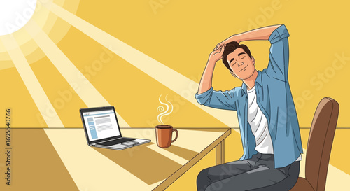Relaxed Professional Taking A Break During Workplace Routine With Laptop And Coffee