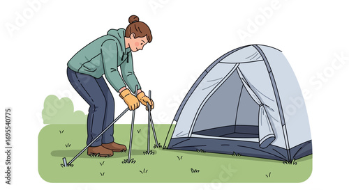 A person setting up a camping tent outdoor on the green grass for a leisure trip