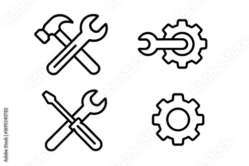 Simple line icons of repair and tool settings, crossed hammer wrench screwdriver, gear and wrench, maintenance and service symbols vector illustration with transparent background, ordered set
