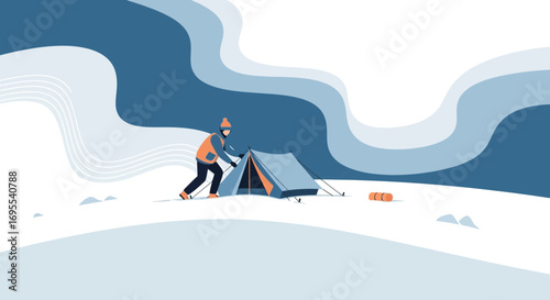 A Person Setting Up a Tent in a Snowy Landscape for Outdoor Winter Camping
