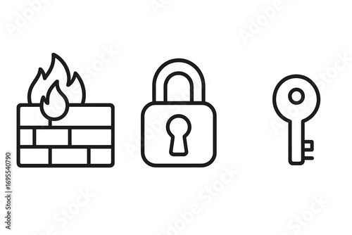Simple security icons featuring firewall, lock, and key design, linear vector illustration set with transparent background, cybersecurity symbols, data protection and safe access concepts