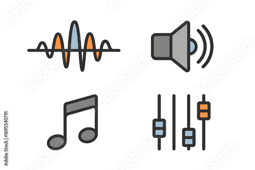 Minimalist vector icons of sound waves, audio speaker, music note, and sound mixer controls for music lovers, audio professionals, sound design, multimedia and entertainment concepts