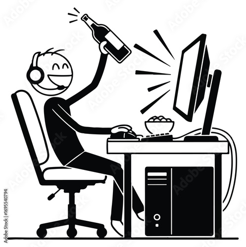 An ecstatic stick figure gamer celebrates a victory, raising a bottle in triumph while sitting at a computer.