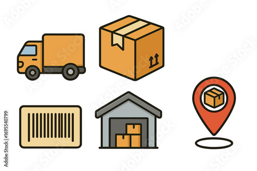 Shipping and logistics icon set with delivery truck, packaging box, barcode, warehouse storage, and location pin vector cartoon illustration collection for transport and supply chain