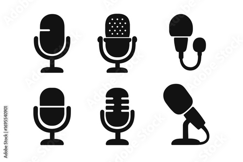 Microphone icon set for audio and podcast design. Collection of six vector mic silhouettes. Symbols for radio, broadcast, sound recording, studio, interview, and voice.