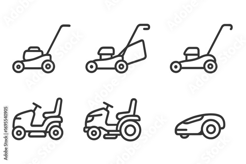 Lawn mower icon set in a minimalist line art style. Collection of grass cutter symbols including push mower, lawn tractor, and robotic mower. Vector for garden and landscaping.