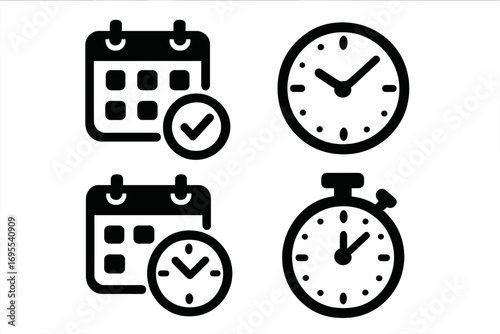 Simple black time management icons set with calendar, clock, checkmark, and stopwatch elements, vector illustration, productivity, scheduling, planning, deadline, timer symbols, transparent background