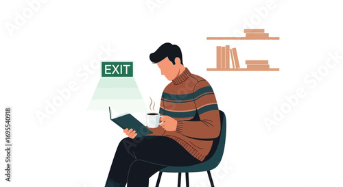Relaxed Reading: A Man Enjoying a Book and Coffee Next to an Exit Sign