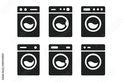 Set of six modern washing machine icons. Black silhouette style vector illustration. Laundry room equipment symbols. Household appliance pictograms for laundromat service.