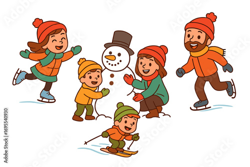 Winter activities joy and fun outdoors. Children and adults skating, skiing, building snowmen in snowy landscape. Winter sports, family fun, cold season play, cartoon vector illustration.
