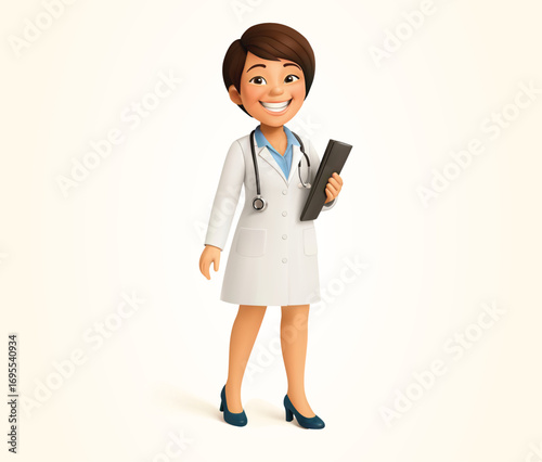 Smiling Female Doctor nurse in a white lab coat with stethoscope and clipboard vector Cartoon Style 3D Character