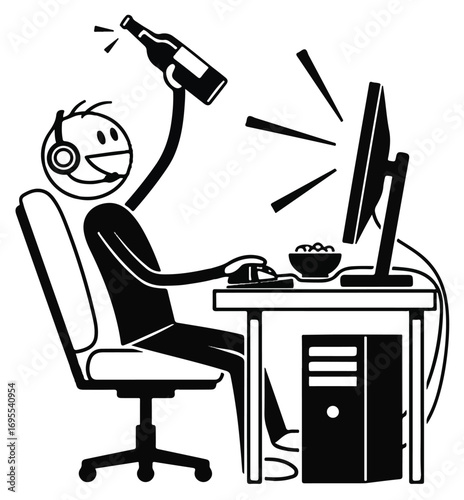 A stick figure gamer with a headset is enthusiastically playing a video game on a computer, holding a bottle of alcohol in one hand and a bowl of snacks on the desk.
