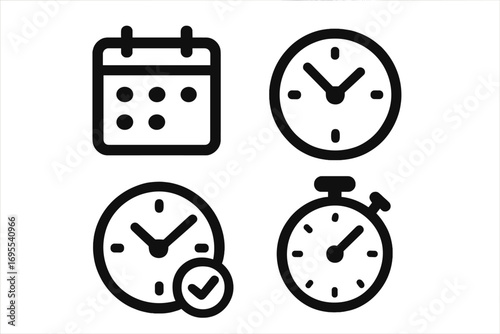 Simple black time management icons set with calendar, clock, stopwatch, timer elements, vector cartoon illustration, transparent background, productivity and scheduling symbols