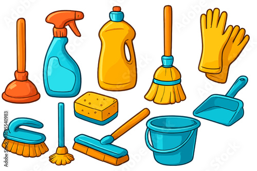 Colorful cartoon cleaning tools set for household chores. Vector illustration of broom, bucket, sponge, gloves, spray for domestic work, hygiene and maintenance concept.