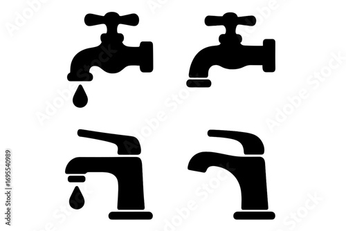 Silhouette faucet icons set with dripping water and modern water taps, vector illustration, plumbing symbols, water saving concept, black flat design, transparent background