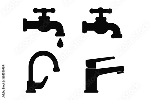 Silhouette faucet and water tap icons set, dripping and modern styles, black vector illustration, plumbing faucets, water conservation, bathroom and kitchen fixtures, seamless transparent background
