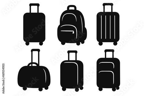 Travel bag and luggage silhouette icon set. Vector symbols of suitcase, backpack, trolley. Baggage for tourism, airport, vacation. Journey and holiday graphic collection.