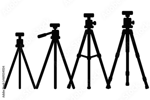 Tripod silhouette set vector. Photography equipment icon collection. Photo camera stand support. Professional videography gear. Minimalist flat black graphic element for design.