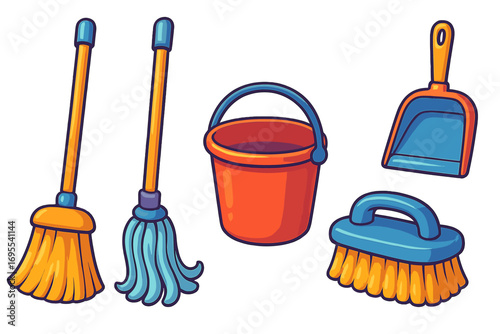 Household cleaning tools set vector. Cartoon illustration of domestic equipment for chores, hygiene and sanitation. Broom, mop, bucket, brush and dustpan icons isolated.