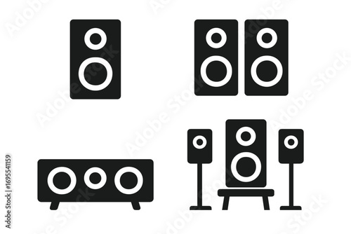 Silhouette icons of audio speakers set, various speaker arrangements vector illustration, black music sound system symbol, home theater audio equipment, transparent background