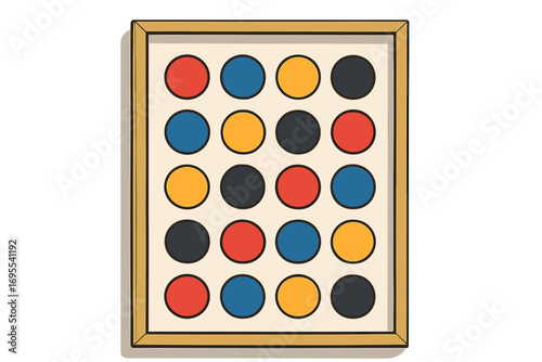 Abstract geometric pattern of colorful circles in neat rows on white background, vibrant art design with red, blue, yellow, black dots, modern minimalist vector illustration