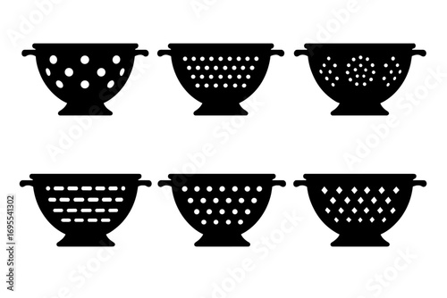 Silhouette set of six colander icons with varied hole patterns, kitchen utensil vector, strainer illustration, drain basket, cooking tool, transparent background, ordered collection
