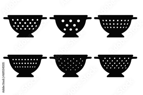 Silhouette set of six kitchen colander icons with varied hole patterns, black vector illustration with transparent background, kitchenware strainers, cooking tools set