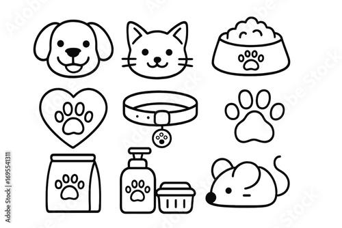 Pet care icons set with adorable dog and cat faces, paw prints, pet food bowl, collar with tag, pet shampoo and carrier, mouse toy, linear style vector cartoon illustration for animal lovers