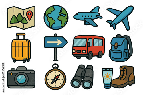 Travel icons collection featuring maps, transportation symbols, suitcases, backpacks, adventure essentials, compass, binoculars, camera, hiking boots, sunscreen in colorful vector cartoon style