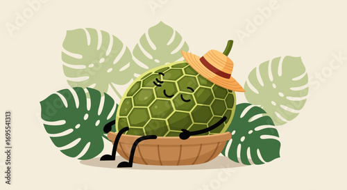 Relaxed Tropical Fruit Character in Hat, Surrounded by Green Leaves, Illustration