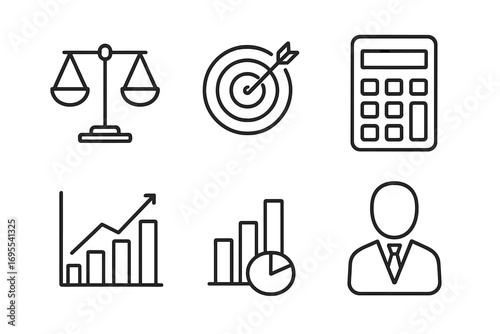 Scales target calculator diagram business icon bundle editable stroke minimalistic linear pictogram set for cards apps banners posts vector design