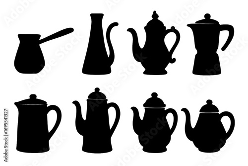 Silhouette set of traditional coffee pots in various classic styles, vintage and modern coffee kettle vector collection, black shapes with transparent background, ordered set for design and decoration
