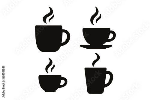 Coffee cup and mug silhouette set. Vector icons of hot drinks with steam. Minimalist graphic elements for cafe menu, morning beverage or coffee break concept. Isolated clipart.