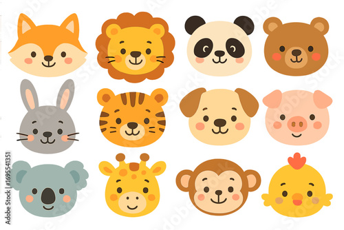 Cute animal faces set. Big collection of cartoon characters for children. Funny smiling baby pet, farm and zoo animal heads. Vector icon of fox, lion, panda, tiger, bear.