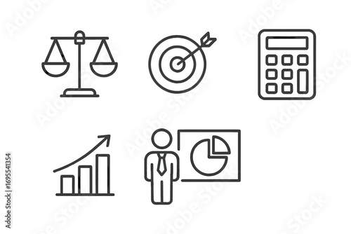 Scales target calculator business icons set, minimalistic linear pictogram bundle with editable stroke, vector symbols for finance, analytics, presentations, and corporate design