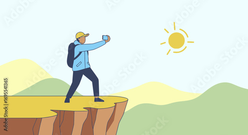A person taking a selfie on a mountain cliff with a beautiful sunny day