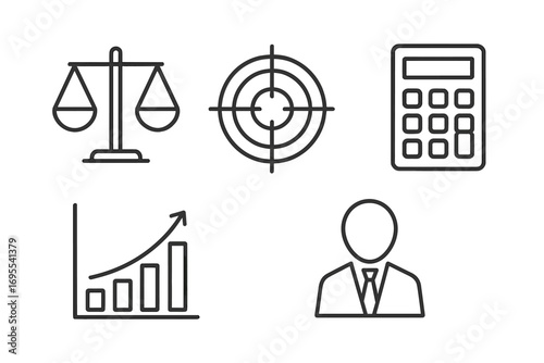 Scales target calculator diagram business icon set. Editable stroke minimalistic linear pictogram collection for design cards, apps, banners, marketing posts, finance and strategy concepts
