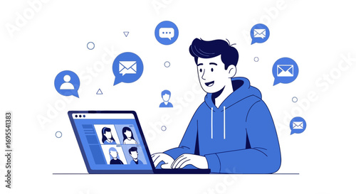 Online Collaboration: A Young Man Engages in a Virtual Meeting via Laptop