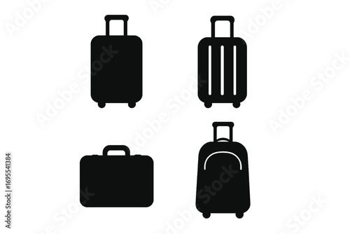 Silhouette travel suitcase icons set, black luggage vector illustration with transparent background, multipurpose suitcase symbols for travel, tourism, tourism concept, vacation accessories collection