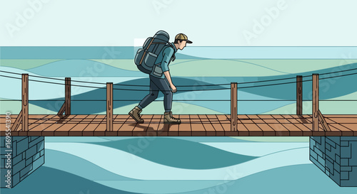 A person walking across a bridge carrying a backpack representing travel and adventure